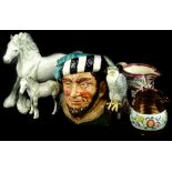 A Beswick model of a grey Shire horse, a Shire foal and a large Royal Doulton character jug The