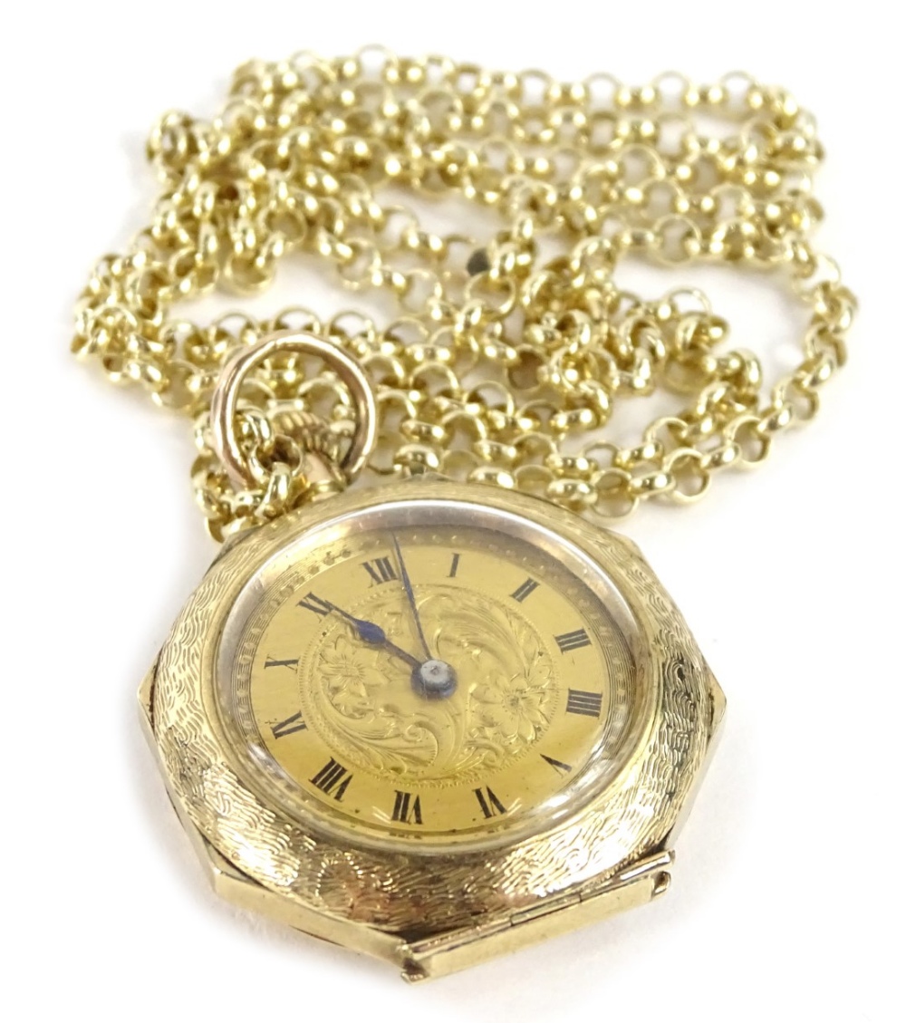 A 9ct gold fob watch, in octagonal case with etched design and enamel flower and crest to reverse,