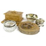 A collection of small silver items etc., to include a square dish, napkin ring, cut glass salt