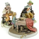 Various 20thC Capodimonte figures, to include figure playing piano 17cm H, tramp with dove on