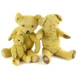 Three early to mid 20thC teddy bears, each with articulated limbs, (AF), the largest 35cm H.