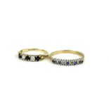 Two 9ct gold dress rings, comprising a half hoop eternity ring, set with blue and white stones and