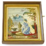 An early 19thC silk work picture, modelled in the form of a lady, a young boy and a God like