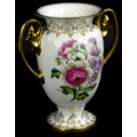 A Spode porcelain two handled vase, decorated with flowers, made to celebrate the 200th