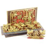 Various Oriental items, to include a pair of carved wooden and lacquer floral panels, a similar