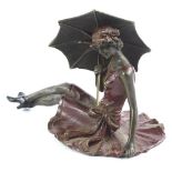 A cold painted erotic bronze figure of a girl with a parasol, in a seated position, stamped to