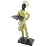 A cold painted bronze figure of a chef, holding a circular platter on a square base, 21cm H.