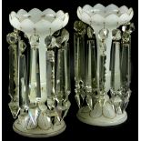 A pair of Victorian opaque white glass table lustres, each with gilt embellishment, 30cm H.