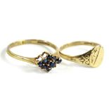 Two dress rings, to include a 9ct gold floral ring, ring size P, and a 9ct gold signet ring, ring