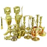 Various brassware, candlesticks andirons, 31cm H, vases, copper jug etc. (a quantity)