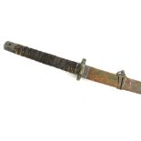 A Japanese military sword, with green painted scabbard, pierced brass tsuba and leather bound