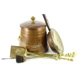 A quantity of metalware, to include an Art Deco coalbox and cover with hand decoration, a brass