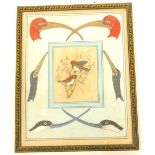 19thC School. Birds on a branch, painted onto silk, the border painted with the heads and bills of