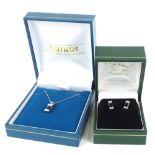 A sapphire and diamond earring and necklace set, the pendant with rectangular cut sapphire and two