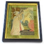 An early 19thC silk work picture, in the form of a lady beside and urn and tree etc., later mounted,