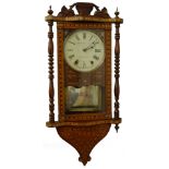 A late 19thC American walnut and parquetry wall clock, the painted dial stamped Skarratt and Co