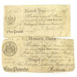 Two early 19thC bank of Newark bank notes, a five pound note from 1806 and a pound note from 1807,