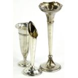 Three silver specimen type vases, each of differing form on a loaded base, 12¼oz gross.