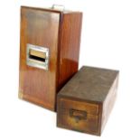 An early 20thC mahogany cash till, and a 1920s oak small filing cabinet or index cabinet. (2)