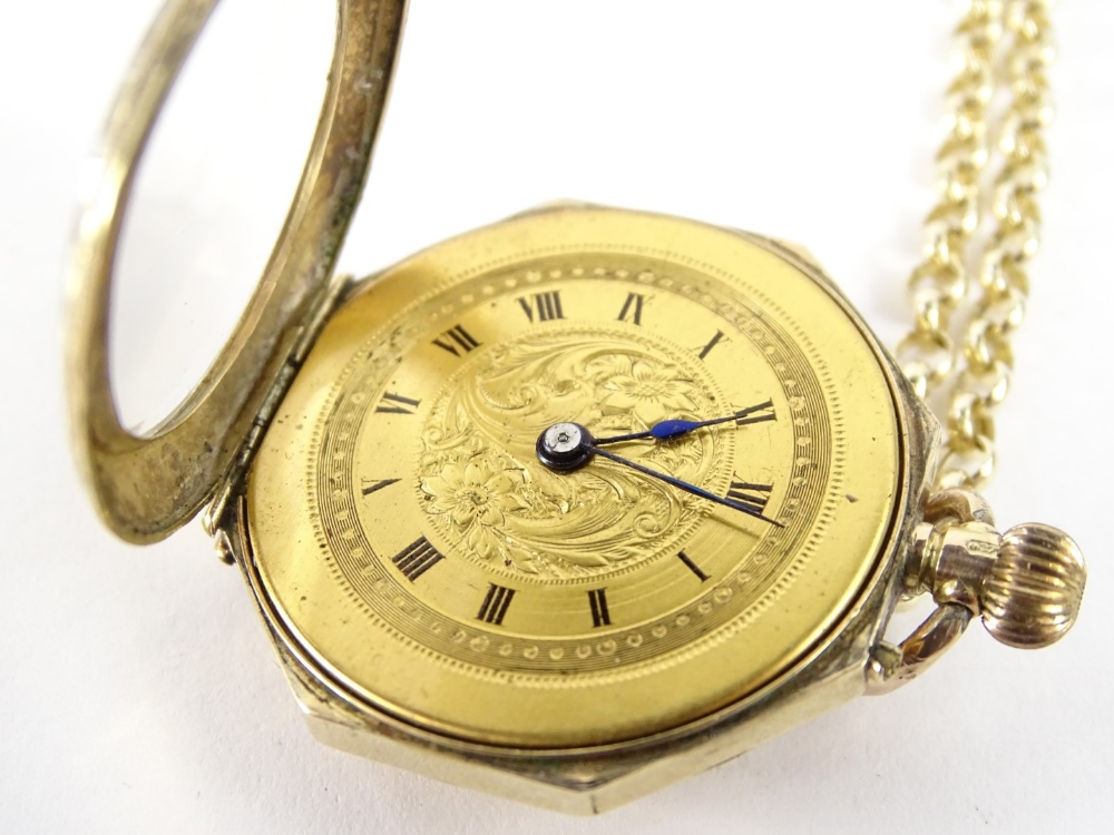 A 9ct gold fob watch, in octagonal case with etched design and enamel flower and crest to reverse, - Image 2 of 3