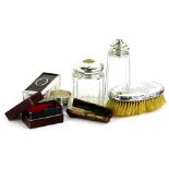 A collection of small silver etc., to include glass dressing table items with silver mounts,