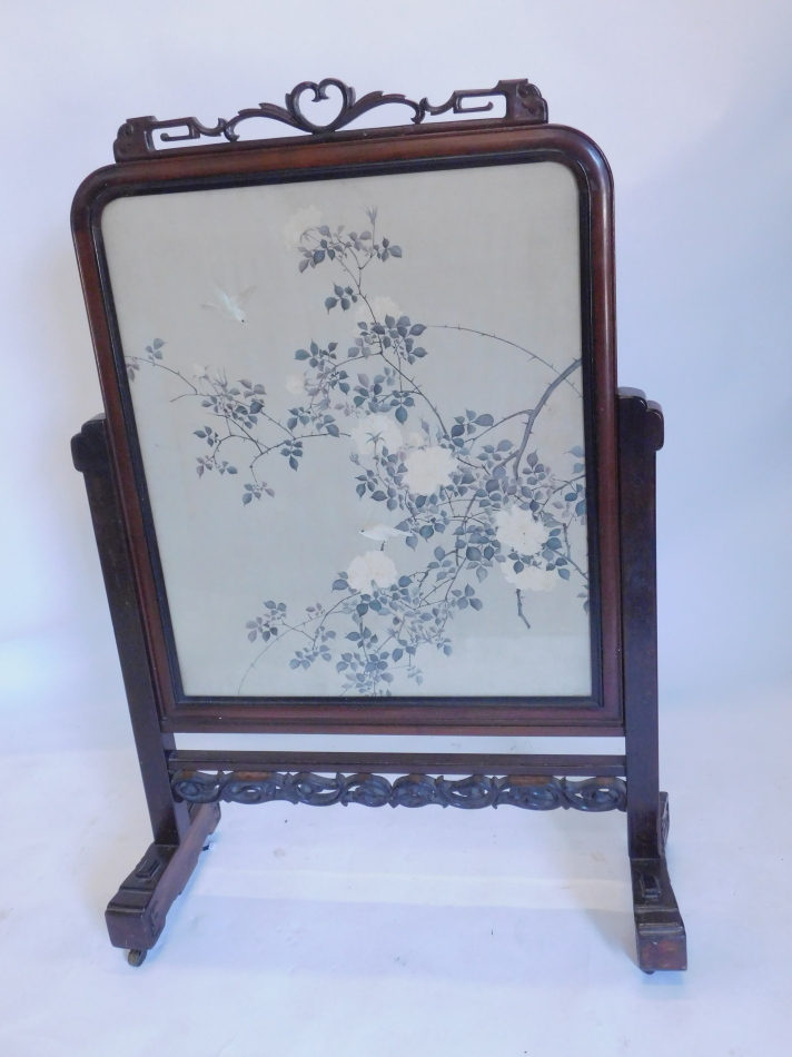 A late 19th/early 20thC Chinese hardwood screen, the frame carved with scrolls and with a pierced - Image 3 of 3