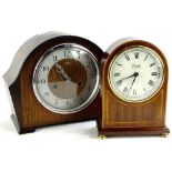 A Comitti of London mahogany and boxwood strung mantel timepiece, with Roman numerals, 20cm H, and a