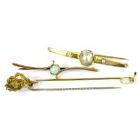 Four stick pins and bar brooches, comprising an opal and seed pearl set pin, yellow metal, unmarked,