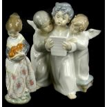 A Lladro porcelain figure group of three angels singing, and a figure of a young girl carrying