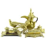 Various brassware, bird ornaments 15cm H, early 20thC ink stand, and another similar, Eastern