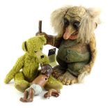 A collection of toys, to include` a large Ny Form troll, a teddy and an Armand Marseille bisque