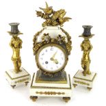 A late 19thC French gilt metal clock garniture, the white enamel dial with Arabic numerals, case