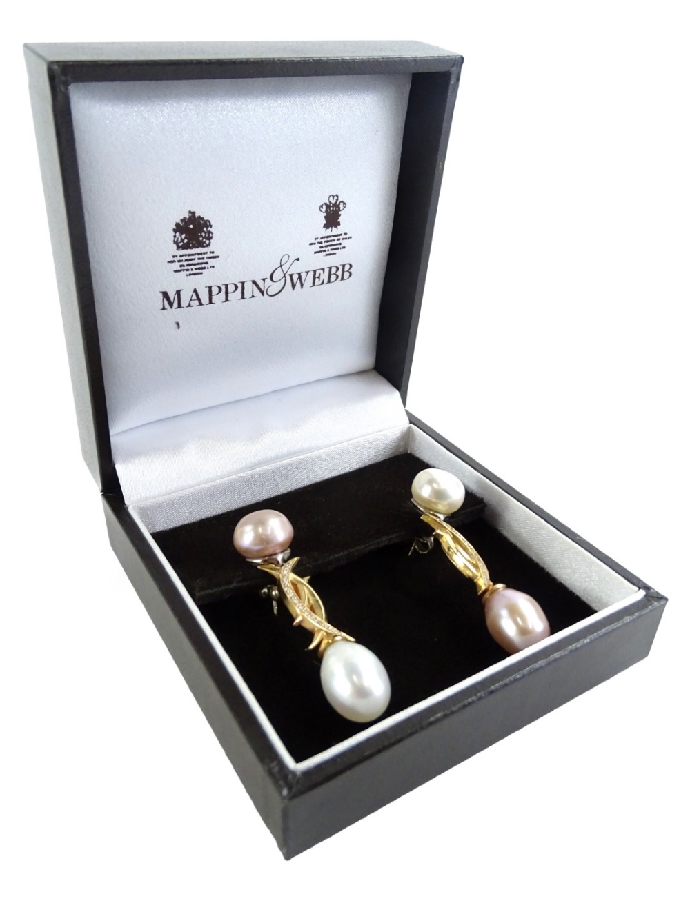 A pair of 18ct gold South Sea pearl set drop earrings, the top pink coloured pearl, set in white