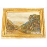 A.P. (19thC School). Figures on a mountain road, oil on board, 35cm x 50cm.