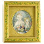 19thC School. Young boy and a girl, holding flowers, miniature on ivory, oval, 8cm x 7cm.Provenance: