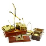 Various sets of scales, to include a mahogany and brass set bearing plaque for De Grave, Short &