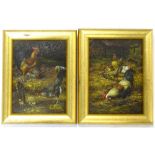 E Hunt. Chickens within a farmyard, oil on board, a pair, 18cm x 13cm.Provenance: The property of