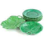 A collection of green leaf moulded plates, dishes etc., to include Wedgwood.