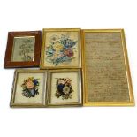 A collection embroidered and other pictures etc., to include a linen sampler, (AF), an early 19thC