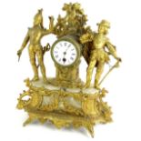 A late 19th/early 20thC French gilt metal and alabaster mantel clock, mounted with two figures of