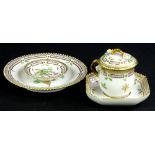 Four items of Royal Copenhagen Flora Danica porcelain, each piece with an elaborate pink and gilt