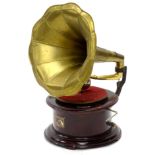 A replica HMV gramophone, in early 20thC style with brass trumped shaped speaker, the chrome