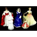 A collection of ceramic porcelain figures, to include four Royal Doulton, First Bloom, Sara,