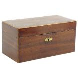 A George III mahogany tea caddy, of rectangular form with boxwood stringing and fitted interior,