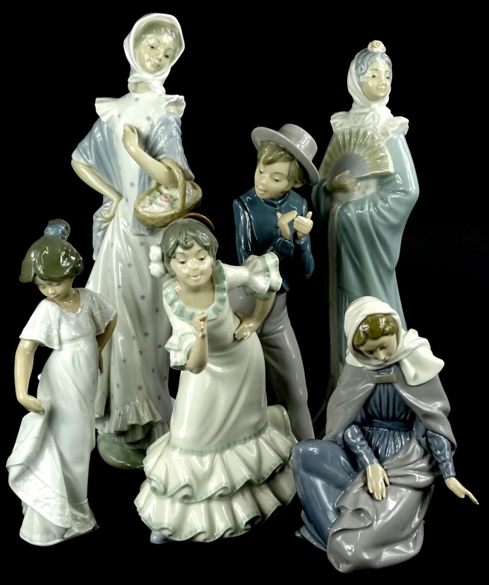 Various Nao porcelain figurines etc., to include a lady with a fan, one with a basket, a gentleman