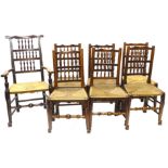 An associated set of six 19thC Lancashire type spindle back chairs, each with a rush seat and a