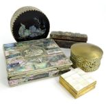 Various small silver plated and brass boxes, to include an oriental example decorated with a dragon,