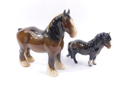 A Beswick figure modelled as a brown gloss shire horse, together with a Beswick Shetland pony. (2) - Image 1 of 3