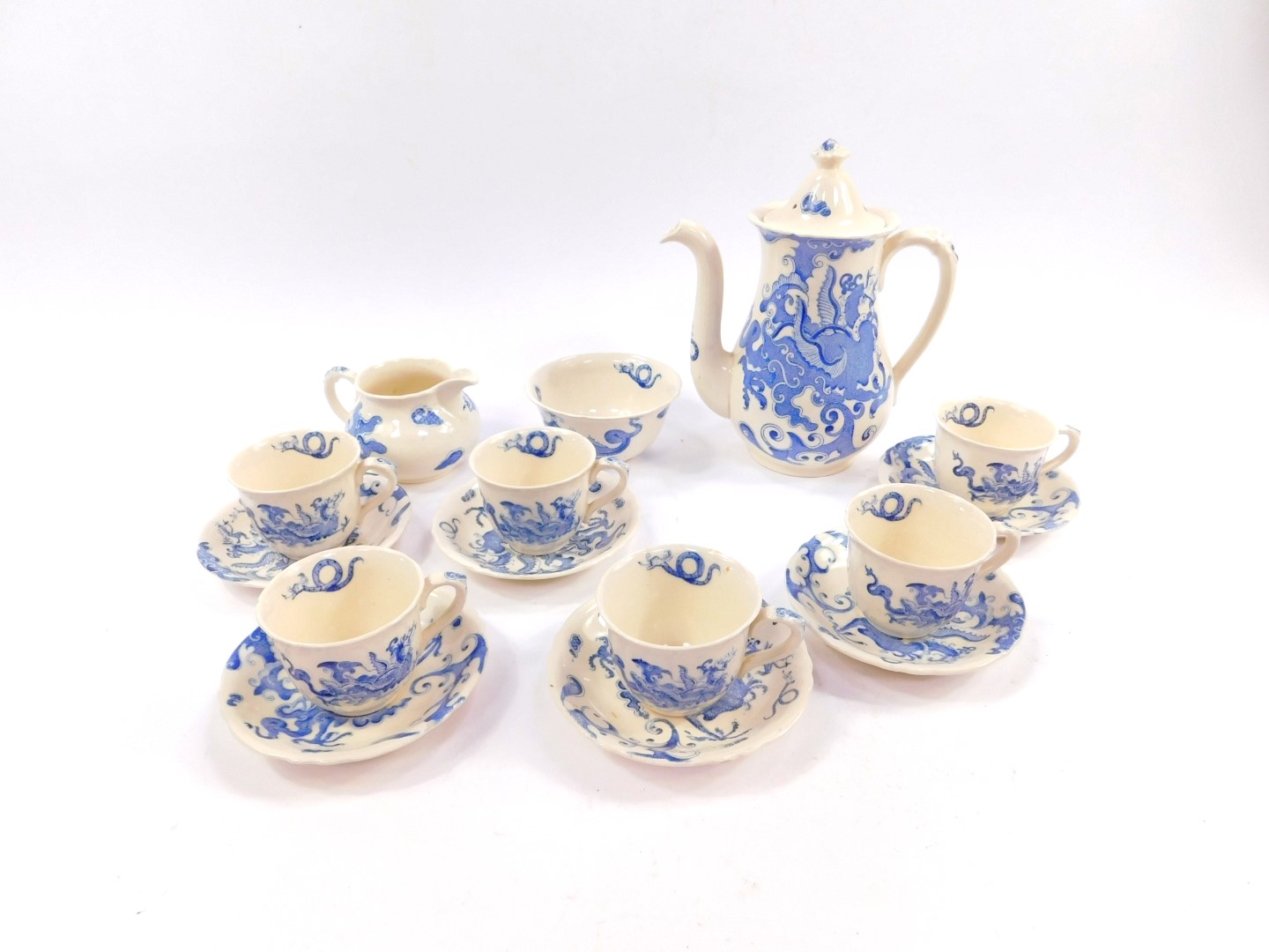 An early 20thC Royal Worcester Regency ware part coffee service, decorated in blue and white with