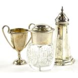 A collection of small silver, to include a two handled miniature trophy, pepper pot of facetted form